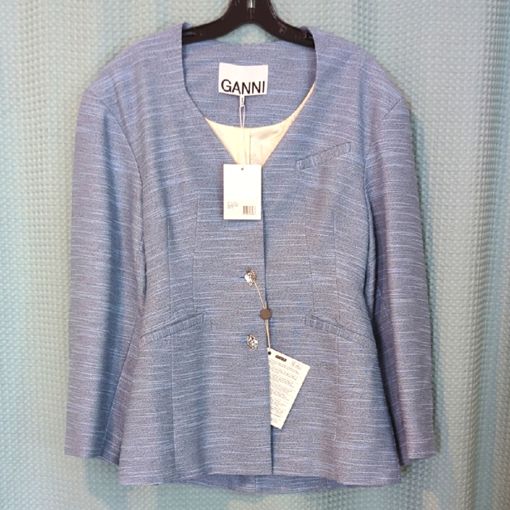 NWT SZ 36 Ganni Blue Healther Textured Blazer with Tailored Fit
